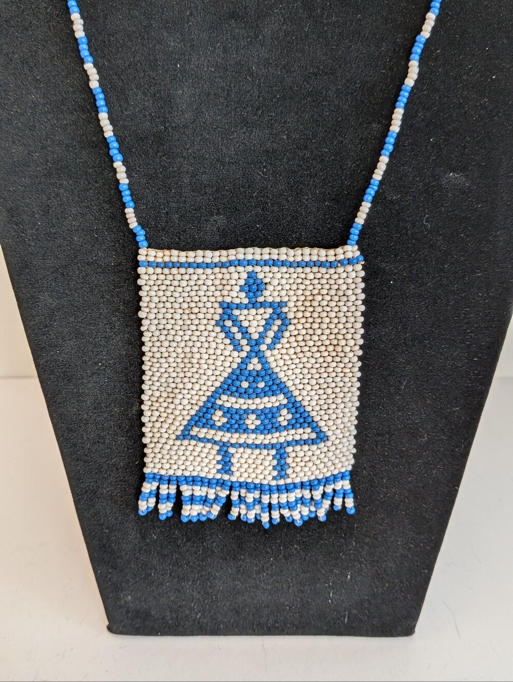 Vintage Tribal seed bead woven Dancer pendant necklace Fringed Edge - Picture 2 of 6